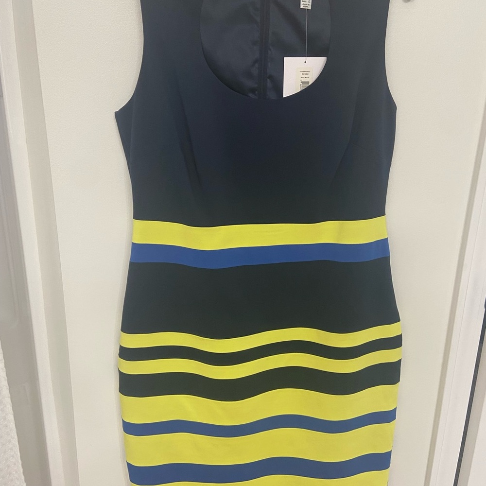 Badgley Mischka Navy Dress with Yellow and Blue Stripes sheath/ Pencil
